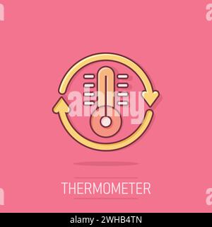 Icona di comando della climatizzazione del termometro in stile comico. Illustrazione del vettore cartoon del bilanciamento meteorologico su sfondo isolato. Spruzzi di temperatura calda e fredda Illustrazione Vettoriale