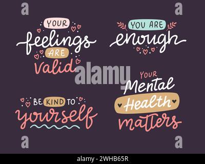 Salute mentale citazioni positive ispiratrici, calligrafia vettoriale disegnata a mano, modello di scheda Illustrazione Vettoriale
