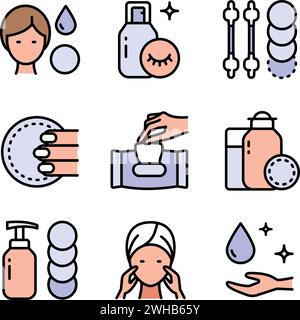 Makeup removal and skin care icons set. Simple flat style. Face, beauty, health, woman, healthy, mask, clean, fresh, girl, cleansing concept. Vector i Illustrazione Vettoriale