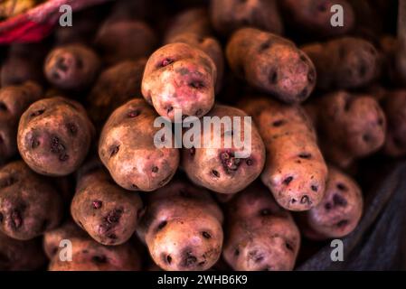 Sacchi di patate al mercato centrale di Cuzco cesto di patate biologiche nella città di Cuzco Inca in Perù Foto Stock