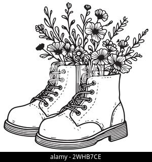 Illustrazione minimalista ed elegante con un bouquet di fiori negli stivali. Lo stile lineare e il bianco e nero creano un look moderno e sofisticato Illustrazione Vettoriale