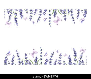 Cornice orizzontale acquerello da fiori viola di lavanda con foglie verdi e farfalle. Modello da erbe con spazio di copia. Isolato a mano disegnato i Foto Stock