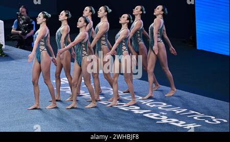 Doha, Qatar. 9 febbraio 2024. Il Team China si esibisce durante la finale di squadra libera dal nuoto artistico ai Campionati mondiali di nuoto a Doha, Qatar, 9 febbraio 2024. Crediti: Xia Yifang/Xinhua/Alamy Live News Foto Stock