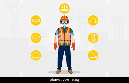 Attrezzature di sicurezza. Operatore con dispositivi di protezione individuale. Illustrazione vettoriale. Illustrazione Vettoriale