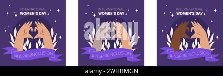 IWD INSPIRE Inclusion Campaign, giornata internazionale della donna 2024 Square social media post Collection offre una varietà di mani che mostrano l'udito Illustrazione Vettoriale