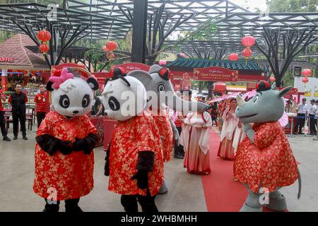 Bogor, Indonesia. 9 febbraio 2024. Le persone che indossano costumi partecipano a una celebrazione del capodanno lunare cinese allo zoo Taman Safari di Bogor, Giava occidentale, Indonesia, il 9 febbraio 2024. Crediti: Sandika Fadilah/Xinhua/Alamy Live News Foto Stock