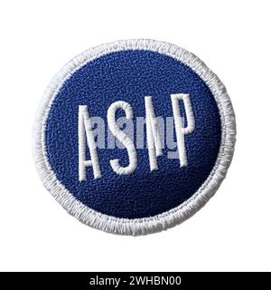 badge adesivo ricamato con la scritta "ciao" su sfondo trasparente isolato Foto Stock