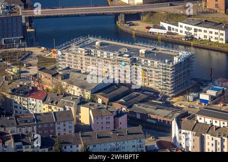 Luftbild, Baustelle mit Neubau an der Speicherstraße Hafenpromenade, Hafen, Dortmund, Ruhrgebiet, Nordrhein-Westfalen, Deutschland ACHTUNGxMINDESTHONORARx60xEURO *** Vista aerea, cantiere in costruzione sul lungomare del porto di Speicherstraße, porto, Dortmund, regione della Ruhr, Renania settentrionale-Vestfalia, Germania ATTENTIONxMINDESTHONORARx60xEURO Foto Stock