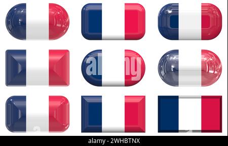 Nove bottoni di vetro della bandiera di Francia Foto Stock