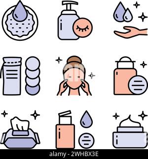 Set di icone per la rimozione del trucco e la cura della pelle. Set di insegne di stile semplici. Viso, bellezza, salute, donna, sano, maschera, pulita, ragazza, concetto di pulizia. Estetica Illustrazione Vettoriale
