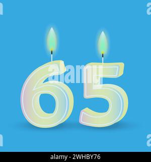 Numero di compleanno sessantacinque, candela con fuoco. Numero 3D 65. Illustrazione vettoriale. EPS 10. Immagine stock. Illustrazione Vettoriale