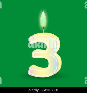 Compleanno numero tre, candela con fuoco. 3D numero 3. Illustrazione vettoriale. EPS 10. Immagine stock. Illustrazione Vettoriale