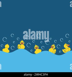 Motivo senza cuciture con anatre giocattolo gialle e bolle. Sfondo vettoriale colorato. Illustrazione Vettoriale