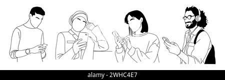 Persone diverse che tengono in mano, usando i telefoni cellulari. Illustrazione Vettoriale
