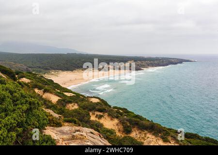 Costa con spiaggia sabbiosa nel parco naturale, vista dall'alto, Parque Natural del Estrecho, stretto di Gibilterra, Costa de la Luz, Andalusia, Spagna Foto Stock