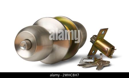 primo piano di serrature con pomello argentato con accessori, manopole rotonde o cilindriche in stile tradizionale e minimalista per porte interne in legno e plastica, s Foto Stock