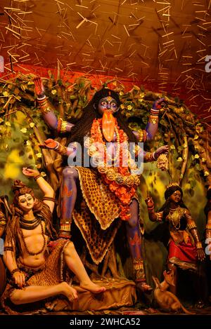 Idolo della dea Maa Kali in un puja pandal decorato a Calcutta, Bengala Occidentale, India. Kali puja, noto anche come Shyama Puja, è un famoso festival religioso Foto Stock