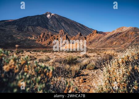 Bellissimo paesaggio del famoso vulcano di montagna Pico del Teide nel Parco Nazionale del Teide, Tenerife, Isole Canarie, Spagna Foto Stock