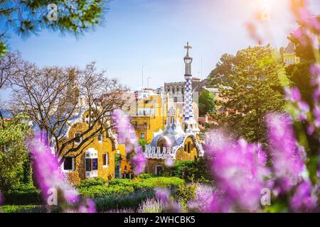 Casa da favola a Park Guell in una cornice di fiori di lavendel viola brillante. Location famosa per il fine settimana estivo al tramonto. Situato sulla collina di Carmel, Barcellona, Spagna. Foto Stock