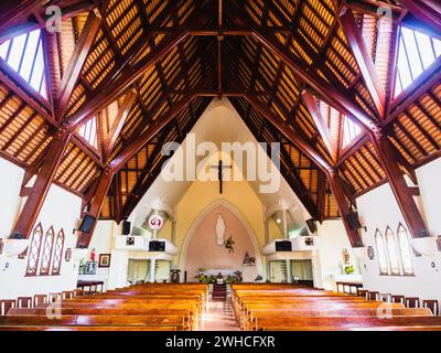 All'interno della diocesi della Chiesa Domaine De Marie sullo sfondo blu del cielo, nascosto dietro i rami di pini nelle giornate di sole, situato a da Lat, provincia di Lam Dong, Foto Stock