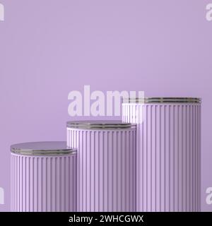 Podi lilla cilindrici a forma di colonna con parte superiore in metallo. sfondo di rendering 3d. Foto Stock