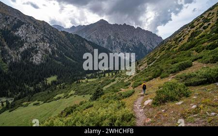 Alpinista su un sentiero escursionistico nella verde valle di montagna con fiume e ripide cime montuose, Chong Kyzyl Suu Valley, Terskey Ala Too, Tien-Shan Foto Stock