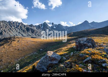 Alta valle autunnale alla luce dell'atmosfera, Keldike Valley sulla strada per il passo Ala Kul, i monti Tien Shan, Kirghizistan Foto Stock