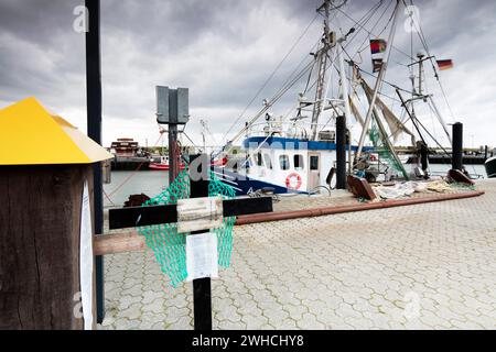 Croci nere, protesta, cestini nel porto, turismo, pescatori, diga, Dornumersiel, Frisia orientale, Mare del Nord, Germania, Foto Stock