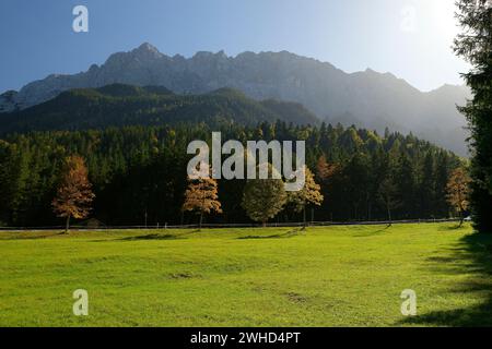 Sentiero escursionistico tra Badersee ed Eibsee in autunno con vista sul gruppo Zugspitze (2962 m) nei pressi di Grainau, Zugspitzdorf Grainau, alta Baviera, Alpi bavaresi, Land Werdenfelser, Baviera, Germania Foto Stock