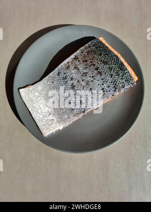 Un pezzo di salmone fresco giace isolato con la buccia d'argento su un piatto grigio Foto Stock