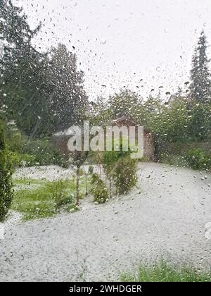 Vista dalla finestra del fenomeno meteorologico della neve a maggio a Berlino con piante verdi all'esterno a causa dei cambiamenti climatici Foto Stock