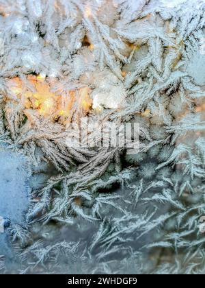 Fiori di ghiaccio sulla finestra in inverno quando fuori fa freddo Foto Stock