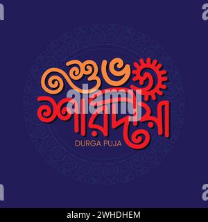 Design modello tipografico Bangla con biglietto d'auguri Durga Puja. Design a mano vettoriale Durga Puja su sfondo rosso per celebrare l'annuale indiano Illustrazione Vettoriale