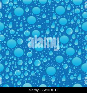 Gocce di pioggia di forme diverse su sfondo turchese motivo senza cuciture; bolle d'acqua su carta da parati turchese Illustrazione Vettoriale