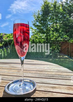 Bicchiere di champagne con ciliegie e vino frizzante come bevanda alcolica nel giardino alla fine della giornata Foto Stock