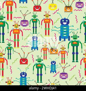 il design colorato dei robot per i bambini stampa motivi senza cuciture, graziosa illustrazione vettoriale del design dei robot Illustrazione Vettoriale