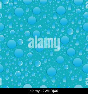 Gocce di pioggia di forme diverse su sfondo turchese motivo senza cuciture; bolle d'acqua su carta da parati turchese Illustrazione Vettoriale