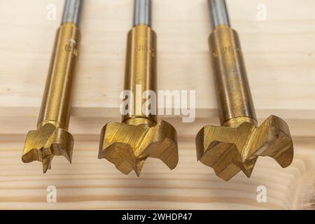 Lavorazione del legno, tre punte Forstner da 15, 25 e 30 mm, appoggiate su un pannello di legno incollato, Foto Stock