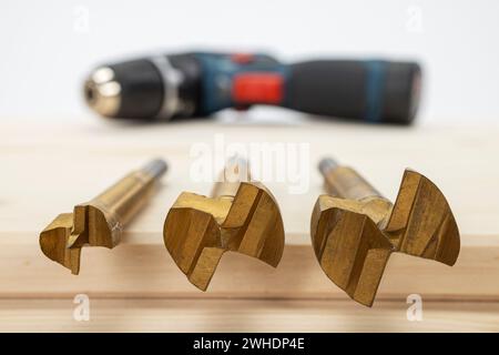 Lavorazione del legno, tre punte Forstner da 15, 25 e 30 mm, trapano a batteria, appoggiato su un pannello di legno incollato, sfocatura, Foto Stock