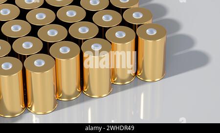 Batteria cilindrica al litio di trazione in oro formato Tesla 4680 per moduli, accumulatori cilindrici ad alta energia, elettrodo a secco, alimentazione, energia per e. Foto Stock