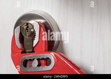 Sporgenza cilindro, pinze per pompa dell'acqua sul cilindro di bloccaggio, dettaglio, immagine simbolo, effrazione, Foto Stock