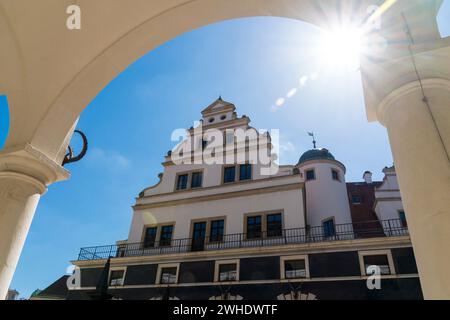 Dresda, Palazzo reale, cortile stabile, corridoio lungo, portici con colonne toscane, travi di sole Foto Stock