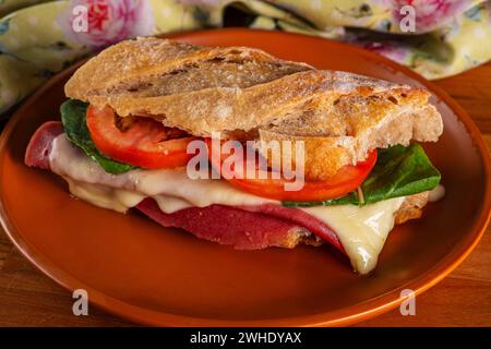 panino artigianale con baguette con mozzarella fusa, mortadella, rucola e fette di pomodoro. Foto Stock