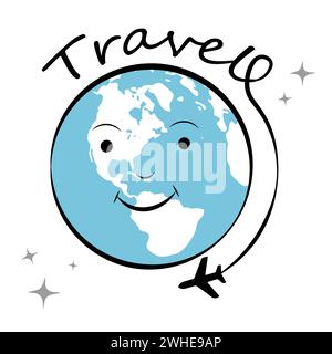 Pianeta e aereo su sfondo bianco. Viaggio Illustrazione Vettoriale