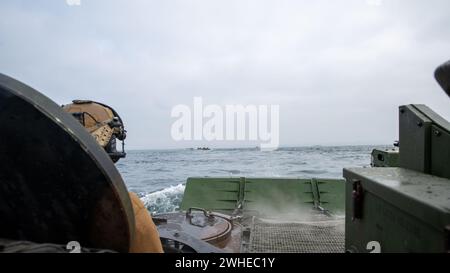 U.S. Marines assegnati alla Alpha Company, Battalion Landing Team 1/5, 15th Marine Expeditionary Unit, conducono un transito in mare aperto da nave a terra nell'Oceano Pacifico utilizzando veicoli da combattimento anfibi come parte di un'esercitazione di assalto anfibio, 17 gennaio 2023. Durante l'assalto anfibio, tutti gli elementi della 15th MEU Marine Air-ground Task Force hanno completato i movimenti nave-terra per sostenere le operazioni sostenute a terra mentre le forze assediavano il terreno da un nemico simulato nella regione. (Foto del corpo dei Marines degli Stati Uniti di Lance Cpl. Peyton Kahle) Foto Stock