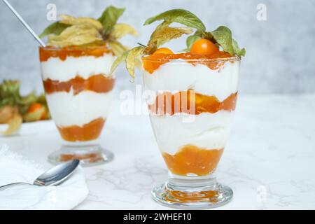 Due bicchieri di dessert stratificato con yogurt proteico e frutta fisalis Foto Stock