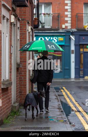 '10.07.2019, Irlanda, Contea di Dublino, Dublino - uomo con ombrello verde e cane in una giornata di pioggia in città. 00A190710D168CAROEX.JPG [VERSIONE MODELLO: NO, Foto Stock
