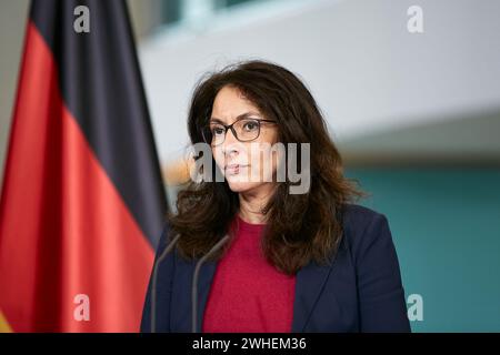 "23.01.2024, Germania, Berlino, Berlino - Yasmin Fahimi, presidente della Confederazione sindacale tedesca, alla conferenza stampa presso la Cancelleria A. Foto Stock