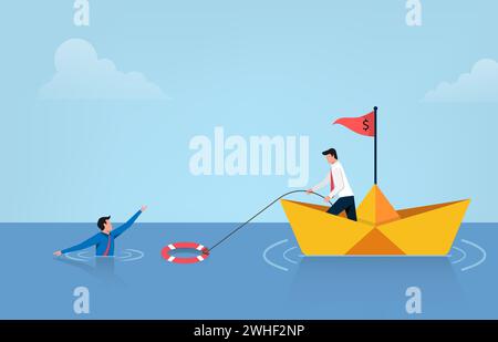 Supporto aziendale altro con illustrazione vettoriale salvagente. Simbolo della bancarotta e del salvataggio del governo con un uomo d'affari su una barca di carta e un uomo annegante a li Illustrazione Vettoriale
