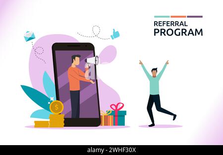 Concetto del programma di referral, partnership di affiliazione, illustrazione del vettore di marketing di rete. Illustrazione Vettoriale